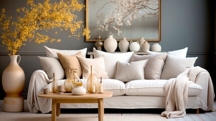 Cozy living room interior with ceramic vase with blooming branches and books on table in living room.