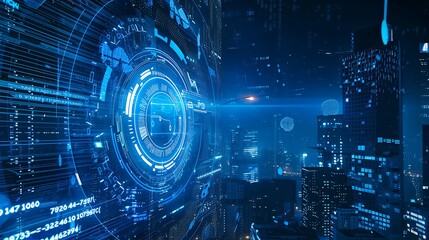 Naklejka premium Cyberpunk Cityscape with Futuristic Interface