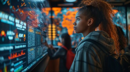 teenager student learning about business and investment, computer screen in hall room show graph and data 
