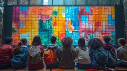 teenager student attend seminar class in hall with big screen learning about business 