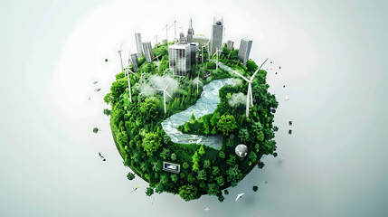 A 3d rendered green tiny planet with forests, rivers and cities, with big technological elements like laptops phones, windmills , in a white background. Generative AI illustration 
