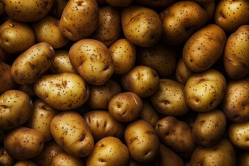 A heap of farm-fresh potatoes is presented, displaying their natural textures and earthy appeal. The potatoes range in color from golden to brown, with varying sizes and small imperfections that empha
