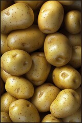 Fresh GoA heap of fresh golden potatoes is displayed, showcasing their smooth, unblemished skins and natural luster. The potatoes are uniform in size, with a few small imperfectlden Potatoes in a Heap