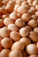 A close-up image showcases a large heap of fresh brown chicken eggs. Each egg displays a natural, speckled pattern, varying in shades of brown. The smooth, unblemished shells suggest the eggs are fres