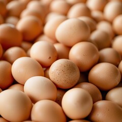 A close-up image showcases a large heap of fresh brown chicken eggs. Each egg displays a natural, speckled pattern, varying in shades of brown. The smooth, unblemished shells suggest the eggs are fres