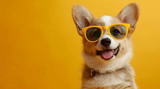 Adorable corgi dog wearing yellow sunglasses against a bright orange background. Fun and cute pet portrait with cheerful expression.