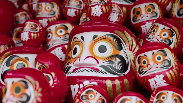 Daruma Dolls At Katsuo-ji Temple In Osaka, Japan - Close Up Shot
