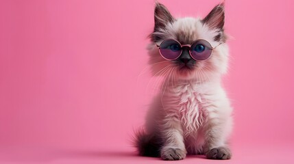 Adorable fluffy kitten wearing purple sunglasses sitting against a pink background. Perfect for cute and trendy pet photos.