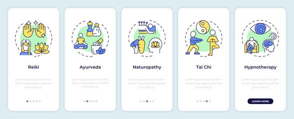 Fototapeta premium Alternative medicine and therapy onboarding mobile app screen. Walkthrough 5 steps editable graphic instructions with linear concepts. UI, UX, GUI template. Montserrat SemiBold, Regular fonts used