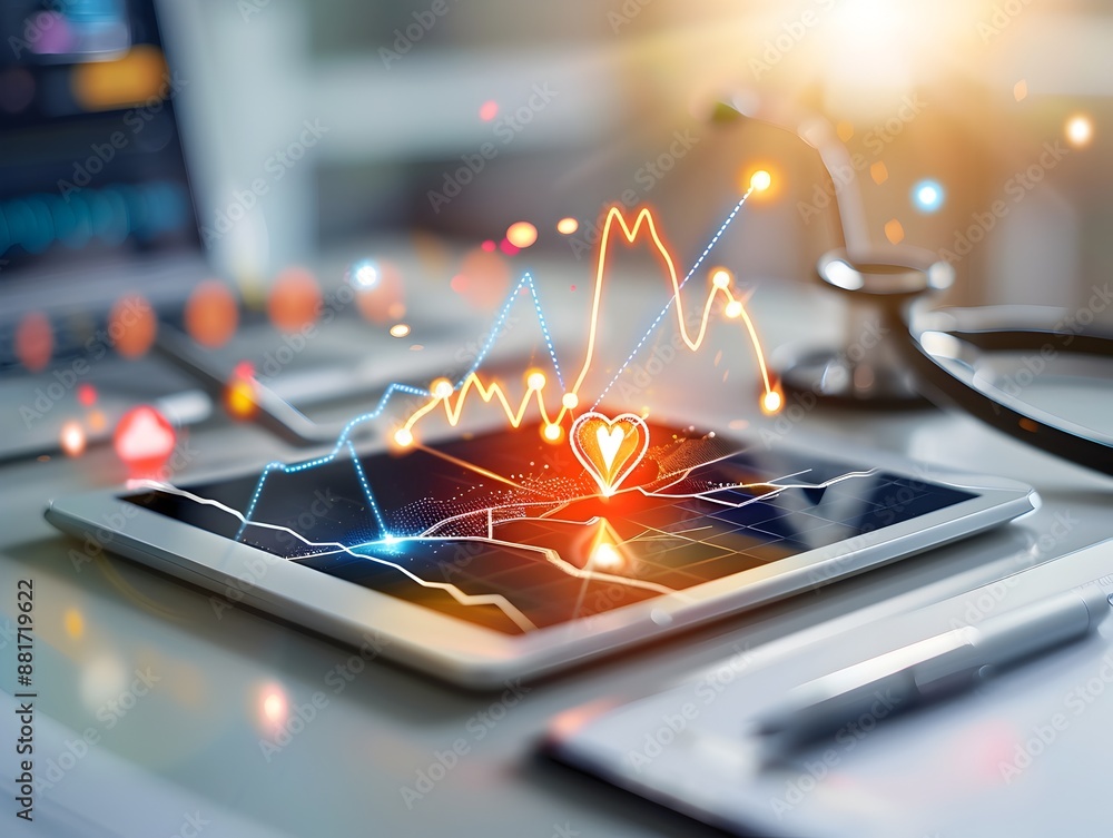 Poster wireless pacemaker monitoring on digital tablet with vital signs analytics