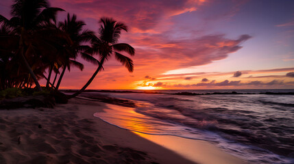 Fototapeta premium Stunning Shades of Sunset: A Majestic Display Of Nature’s Palette at a Tropical Beach Side