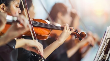 A school orchestra performance banner with the focus on violinists, the rest of the orchestra providing a soft background for copy space. 