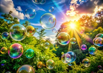 Naklejka premium Colorful soap bubbles float through the air against a bright blue sky with lush greenery and warm sunlight, evoking a sense of joyful childhood wonder.