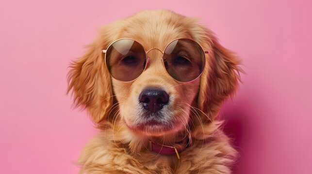 Adorable golden retriever puppy wearing sunglasses against a pink background, exuding cool and playful vibes.