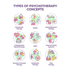 Types of psychotherapy multi color concept icons. Psychological conditions. Self awareness. Icon pack. Vector images. Round shape illustrations for infographic, presentation. Abstract idea