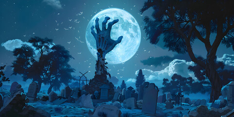 Zombie Hand Rising from the Grave Under Full Moon  Spooky Halloween Night in a Creepy Graveyard with Eerie Atmosphere