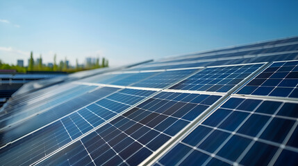 Close up of a new building with solar panels on the roof. Sustainable and clean energy at home.
