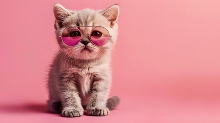 Adorable kitten with pink sunglasses against a pink background, adding a touch of fun and cuteness to any scene.