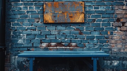 Unlabeled street sign Blue table against brick backdrop Authentic mock up for text