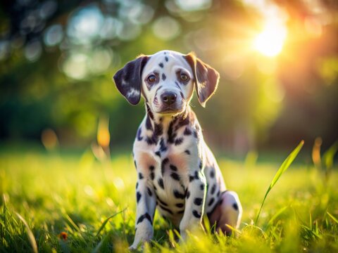 Adorable Dalmatian puppy with unique spotty fur pattern sitting alone on a green grass field with a sunny day blurred background scenery.