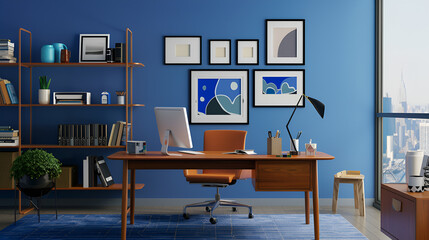 mock up poster with a background of a home's interior, a home office. 
