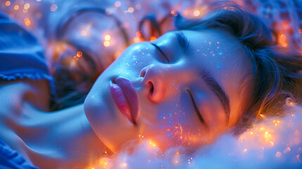 Young woman sleeping peacefully surrounded by fairy lights and glitter, enjoying asmr experience