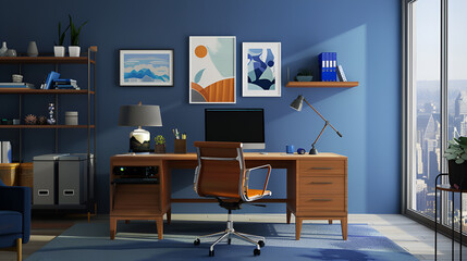 mock up poster with a background of a home's interior, a home office. 
