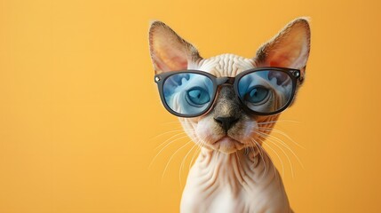 Close-up of a Sphynx cat wearing blue glasses against a vibrant orange background, showcasing its unique and stylish appearance.