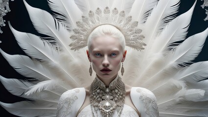 a albino woman with white peacock feather and wearing a white queen dress 