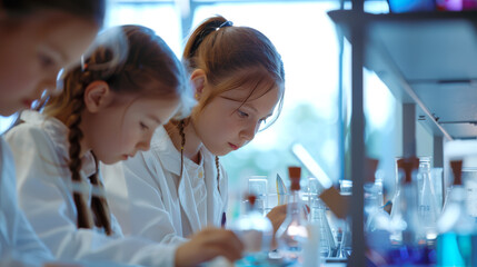 A group of young schoolgirls are in a scientific laboratory and are examining various beakers and test tubes. They are wearing white lab coats and conducting experiments in chemistry
