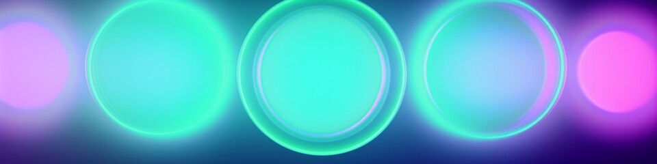 A banner with three glowing blue and green circles against a dark blue background