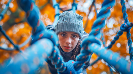 Determined girl overcoming challenges on rope obstacle course