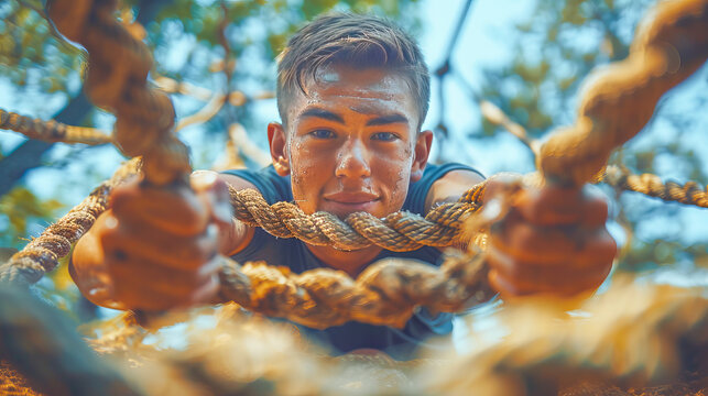 Determined man overcoming challenges by crawling under ropes during obstacle course race