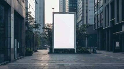 Fototapeta premium Futuristic Vertical Blank White Screen Billboard Mock-Up in High-Tech Business District | Corporate Offices 32k Ultra HD