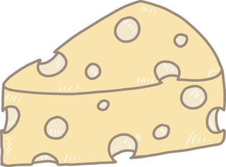 Cartoon yellow cheese with holes full of holes cut into triangles