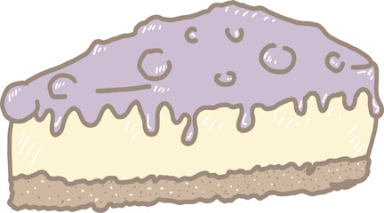 Cartoon blueberry cheese pie topped with blueberry sauce, has a creamy texture and has a compressed cracker base