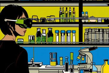 A woman stands in a laboratory environment equipped with shelves holding various scientific instruments, bottles, and a microscope. The scene denotes a scientific workspace.