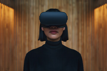 A person is seen wearing a VR headset in a warmly lit room with wooden walls, suggesting an immersive virtual reality experience in a cozy and modern environment.