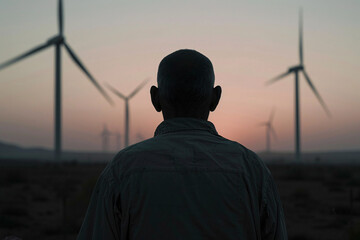 A man is seen from behind, looking at several wind turbines standing against the backdrop of a serene sunset or sunrise. The image evokes a sense of reflection and sustainability.