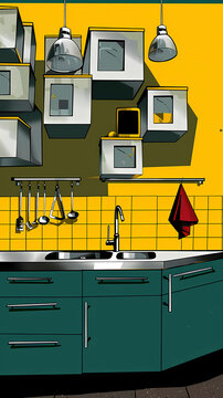 A contemporary kitchen featuring bright yellow tiles, green cabinets, stainless steel fixtures, and hanging utensils. Two pendant lights illuminate the vibrant space.