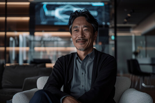 A smiling man sits in a modern, well-lit office with a digital display in the background, exuding a professional and friendly demeanor while wearing casual business attire.