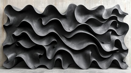 A black wave-shaped sculpture with soft lights and shadows. Satin Surface
