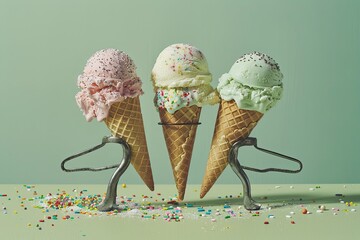 A detailed high-resolution image of ice cream cones with different flavors on a wooden stand, featuring one vanilla and three chocolate cones. A metal scoop lies nearby on a light green background.