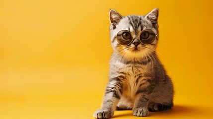 Cute grey tabby kitten sitting against a vibrant yellow background. Adorable curious cat posing with large expressive eyes. Pet photography.