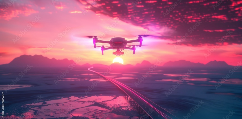 Wall mural A futuristic drone hovering over a glowing neon landscape at sunset, capturing a scene of advanced technology and vibrant colors in a futuristic setting.