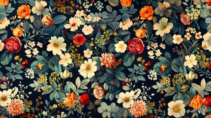 A floral patterned fabric with a variety of flowers and leaves. The colors are bright and vibrant, creating a cheerful and lively atmosphere
