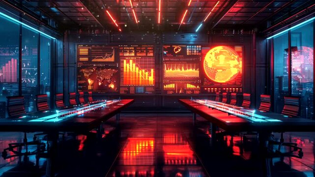 Futuristic command center with digital displays and neon lights, showcasing advanced technology. Technology concept
