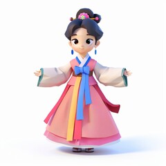 D Render, Low Poly style of a Korean hanbok-clad character, on isolated white background, Generative AI