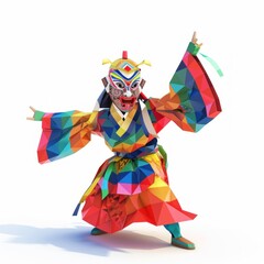 3D Render, Low Poly style of a Korean traditional mask dance performer, on isolated white background, Generative AI