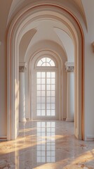 Fototapeta premium Arched door, three pedestals, light beige background, warm light.